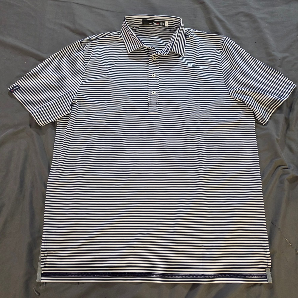 RLX Ralph Lauren Mens Large Navy White Striped Golf Polo Shirt Short Sleeve